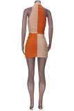 Tangerine Red Sexy Solid Patchwork Turndown Collar Sleeveless Two Pieces