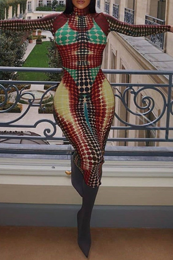 Bourgondische sexy print patchwork coltrui kokerrokjurken