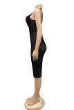 Schwarzes, modisches, sexy Patchwork, solide, ausgehöhlte Pailletten, durchsichtiges Sling-Kleid mit V-Ausschnitt