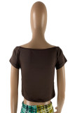 Deep Coffee Sexy Casual Solid Patchwork See-through Off the Shoulder T-Shirts
