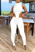 White Sexy Casual Solid Slit Asymmetrical Turtleneck Sleeveless Two Pieces