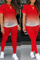 Мандариновый Красный Повседневный Постепенное изменение Пэчворк О-образным вырезом С короткими рукавами Из двух частей
