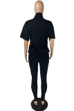 Black Sportswear Color Block Patchwork Zipper Collar Short Sleeve Two Pieces