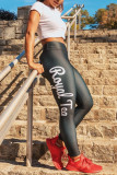 Pantalones de lápiz de cintura alta flacos básicos con estampado de letras de ropa deportiva informal negro