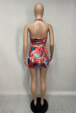 Red Fashion Sexy Print Hollowed Out Backless Halter Sleeveless Dress