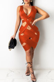 Orange Sexy Patchwork Solid Hollowed Out V Neck Asymmetrical Dresses