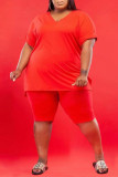 Vermelho Moda Casual Sólido Com Decote V Plus Size Duas Peças