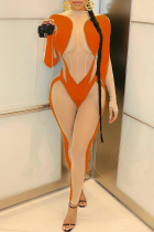 Оранжевые сексуальные облегающие комбинезоны в сеточку в стиле пэчворк до половины водолазки