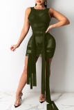 Army Green Sexy Solid See-through O Neck Irregular Dress Dresses