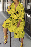 Желтое модное повседневное базовое платье-рубашка с отложным воротником и принтом