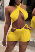 Mode jaune Sexy solide évidé dos nu licou sans manches deux pièces