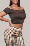 Deep Coffee Sexy Casual Solid Patchwork See-through Off the Shoulder T-Shirts
