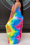 Multicolor Sexy Patchwork Rainbow Tie-dye Spaghetti Strap Maxi Cami Loose Dress