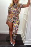 Yellow Sexy Print Patchwork Turtleneck Skinny Jumpsuits