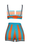Blue Sexy Striped Patchwork Print Backless Spaghetti Strap Sleeveless Two Pieces