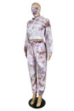 Colarinho roxo moda casual estampa tie-dye com zíper plus size duas peças