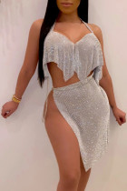 Silver Sexy Patchwork Bandage Backless Asymmetrical Sleeveless Two Pieces Halter Crop Tops And Thigh Split Skirts Sets