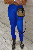 Синие сексуальные однотонные лоскутные узкие однотонные брюки со средней посадкой и карандашом