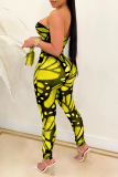 Yellow Sexy Print Patchwork Off the Shoulder Skinny Jumpsuits