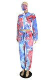 Colletto con cerniera tie-dye con stampa casual alla moda rosso blu Plus Size due pezzi