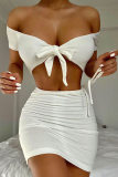 White Sexy Solid Patchwork Off the Shoulder Short Sleeve Two Pieces