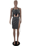 Black Sexy Patchwork Bandage Backless Asymmetrical Halter Sleeveless Two Pieces
