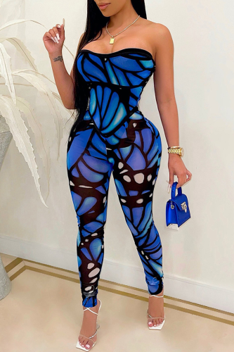 Blue Sexy Print Patchwork Off the Shoulder Skinny Jumpsuits