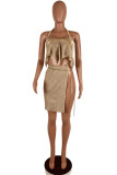 Silver Sexy Patchwork Bandage Backless Asymmetrical Sleeveless Two Pieces Halter Crop Tops And Thigh Split Skirts Sets