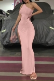 ピンクのセクシーなソリッドハイオープニングワンショルダーイレギュラードレスドレス