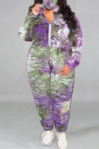 Colletto con cerniera tie-dye con stampa casual moda viola verde Plus Size due pezzi