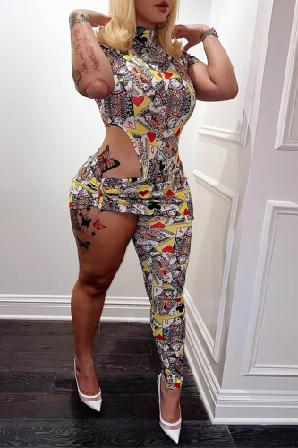 Yellow Sexy Print Patchwork Turtleneck Skinny Jumpsuits