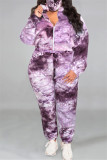 Colletto con cerniera tie-dye con stampa casual multicolore alla moda Plus Size in due pezzi