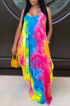 Multicolor Sexy Patchwork Rainbow Tie-dye Spaghetti Strap Maxi Cami Loose Dress