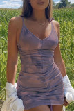 Голубое модное сексуальное платье с принтом тай-дай и V-образным вырезом на бретелях цвета морской волны