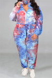 Colletto con cerniera tie-dye con stampa casual blu viola alla moda Plus Size due pezzi