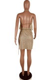 Gold Sexy Patchwork Bandage Backless Asymmetrical Halter Sleeveless Two Pieces