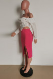 Розово-красная модная сексуальная однотонная спинка с разрезом и открытыми плечами с длинным рукавом из двух частей