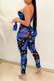 Blue Sexy Print Patchwork Off the Shoulder Skinny Jumpsuits