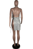 Silver Sexy Patchwork Bandage Backless Asymmetrical Halter Sleeveless Two Pieces