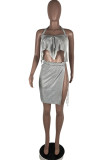 Silver Sexy Patchwork Bandage Backless Asymmetrical Halter Sleeveless Two Pieces