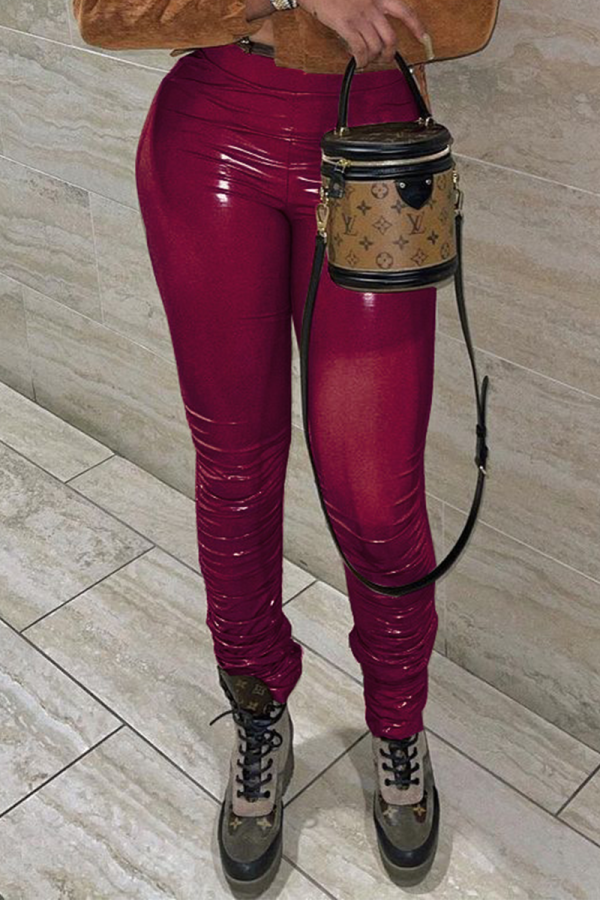 Burgund Sexy Solid Patchwork Skinny Mid Waist Pencil Solid Color Bottoms