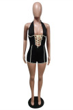 Black Fashion Sexy Solid Patchwork Backless Spaghetti Band Skinny Romper
