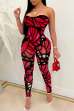 Red Sexy Print Patchwork Off the Shoulder Skinny Jumpsuits