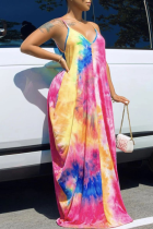 Multicolor Rainbow Sexy Patchwork Tie-dye Spaghetti Strap Printed Maxi Cami Loose Dress