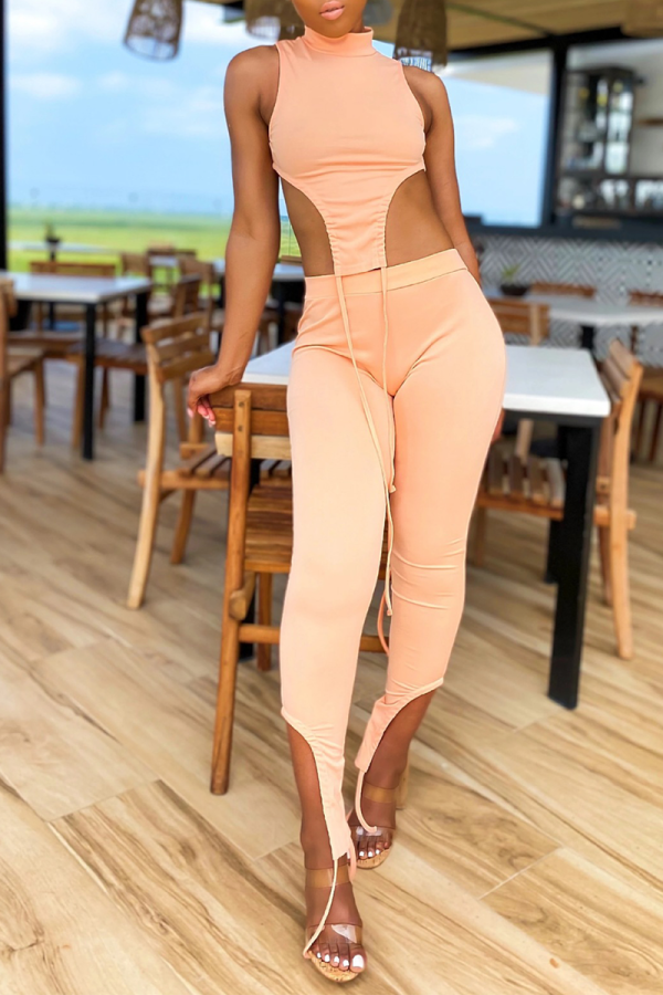 Pink Sexy Solid Patchwork Turtleneck Sleeveless Two Pieces