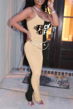 Абрикосовый модный сексуальный пэчворк с буквенным принтом и открытой спиной, складки и круглым вырезом, узкие комбинезоны