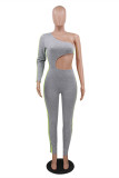 Grey Fashion Sexy Solid Hollowed Out Backless One Shoulder Skinny Jumpsuits