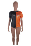 Black Orange Fashion Casual Print Patchwork O Neck T-Shirts