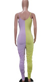 Yellow Purple Fashion Sexy Letter Print Patchwork Backless Fold O Neck Skinny Jumpsuits