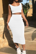 Белое сексуальное однотонное лоскутное платье с U-образным вырезом без рукавов из двух частей